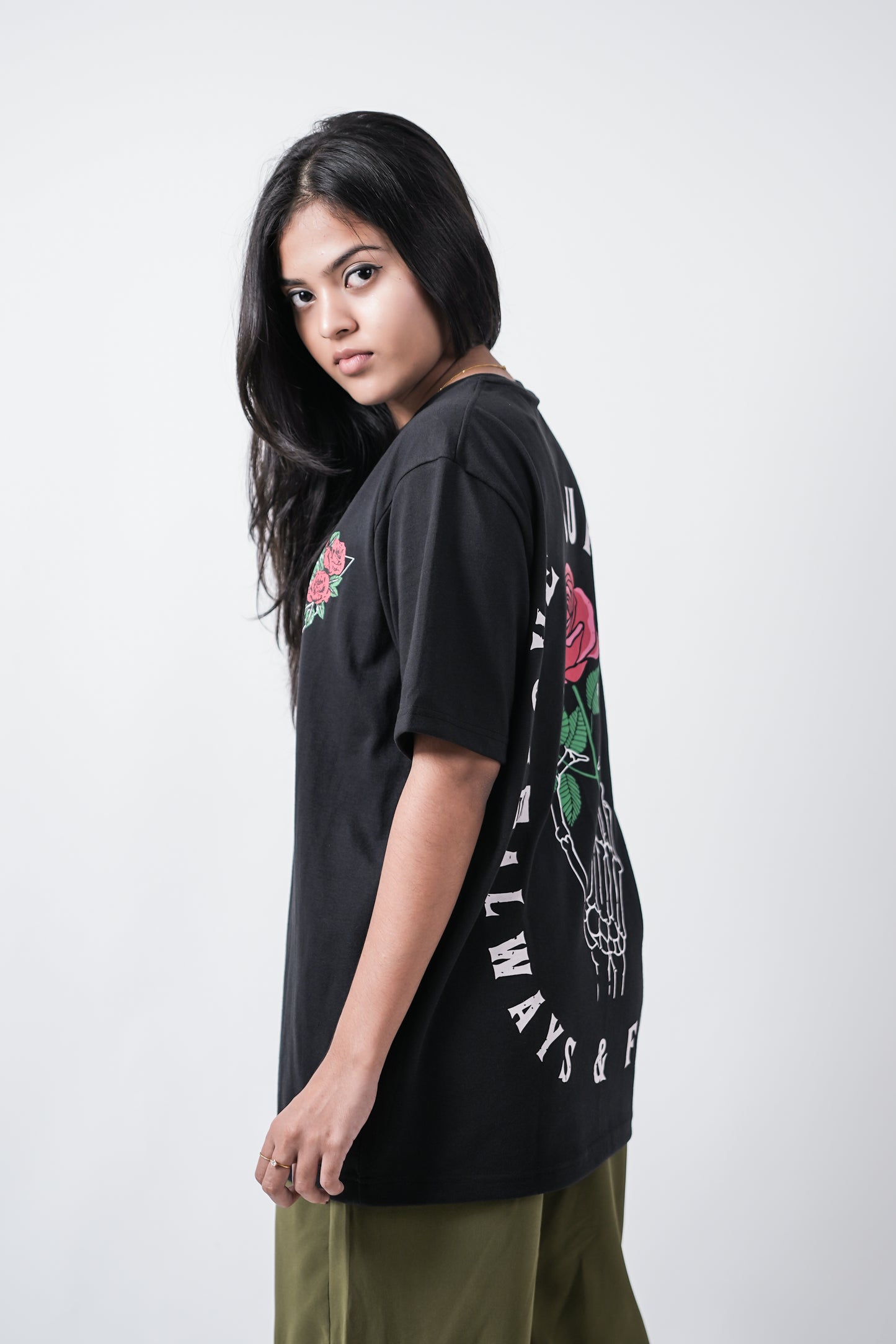 Love Yourself Rose Print Oversized Crew Neck T-Shirt