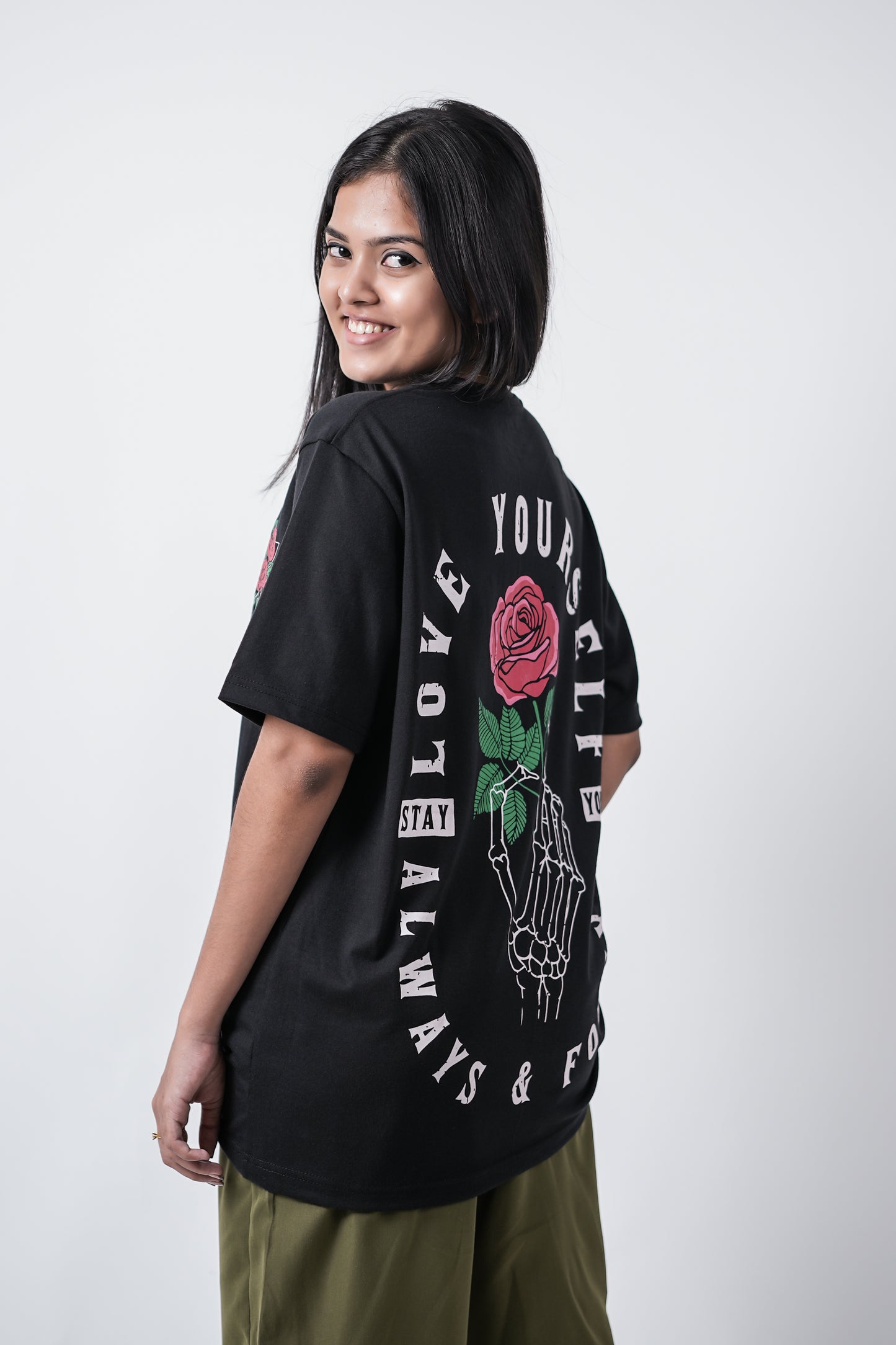 Love Yourself Rose Print Oversized Crew Neck T-Shirt