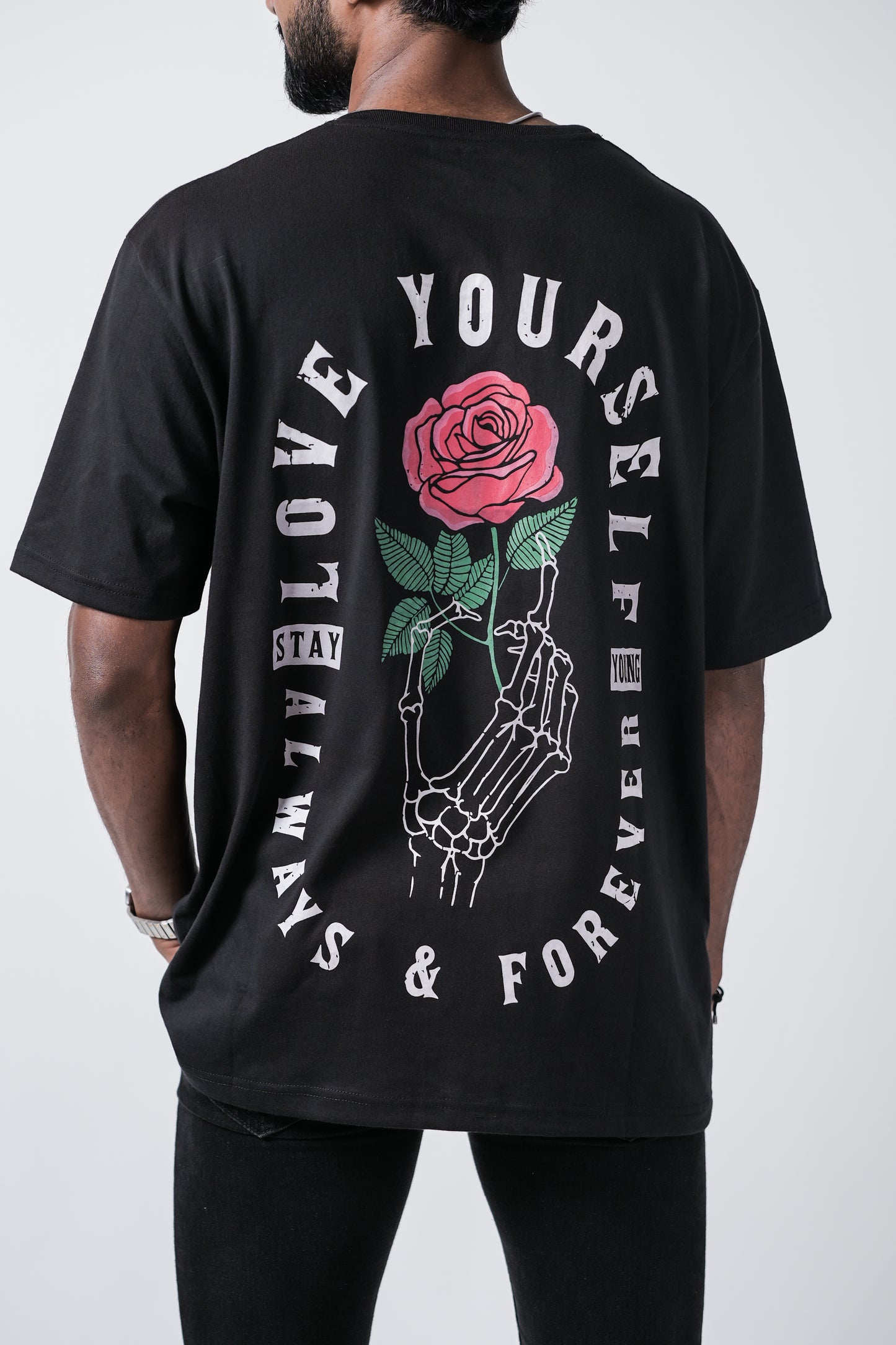 Love Yourself Rose Print Oversized Crew Neck T-Shirt