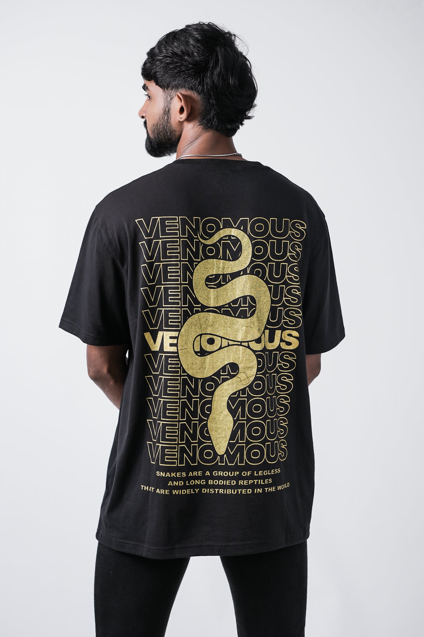 Gold Venomous Snakes Print Oversized Crew Neck T-Shirt