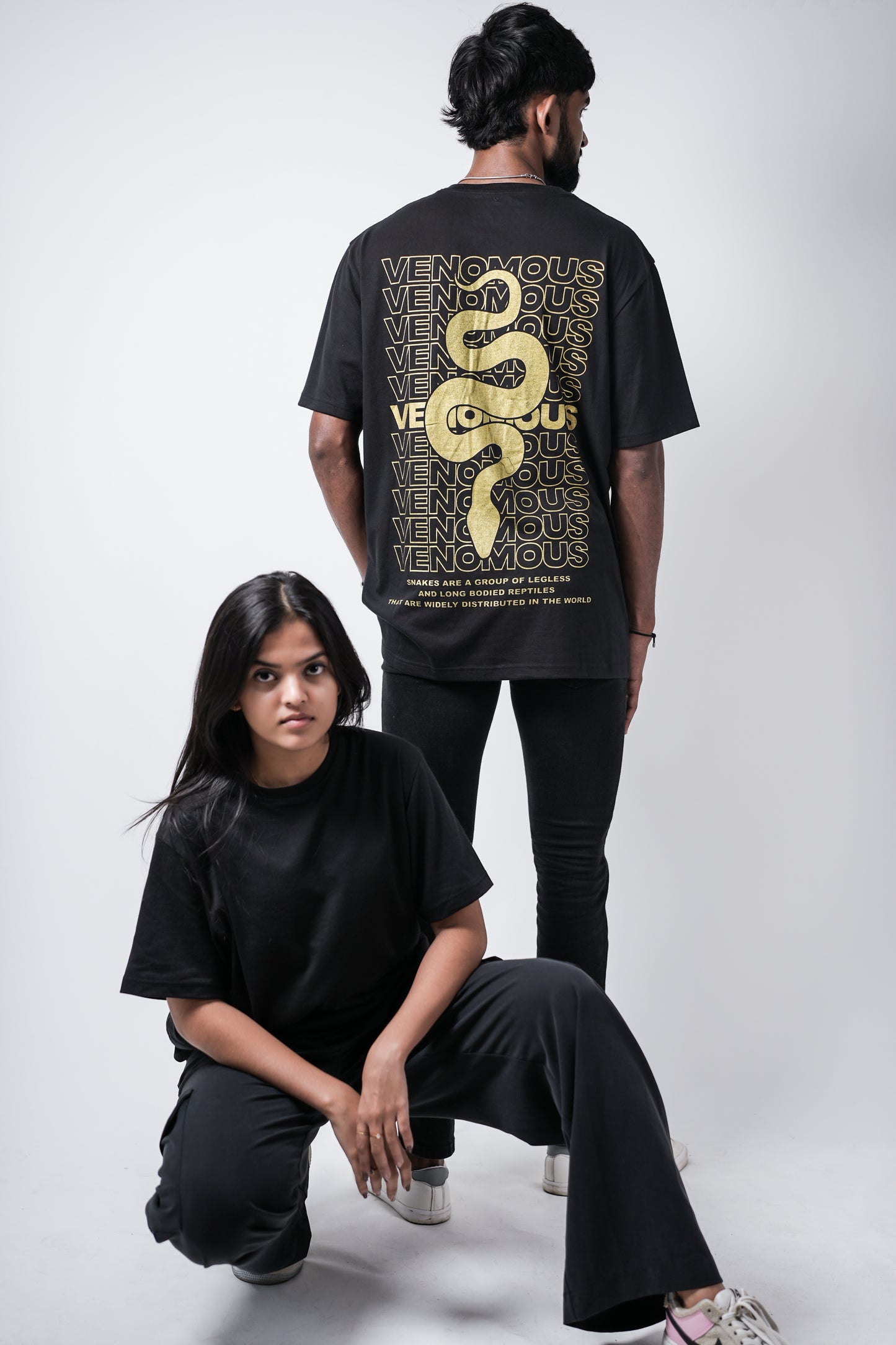 Gold Venomous Snakes Print Oversized Crew Neck T-Shirt