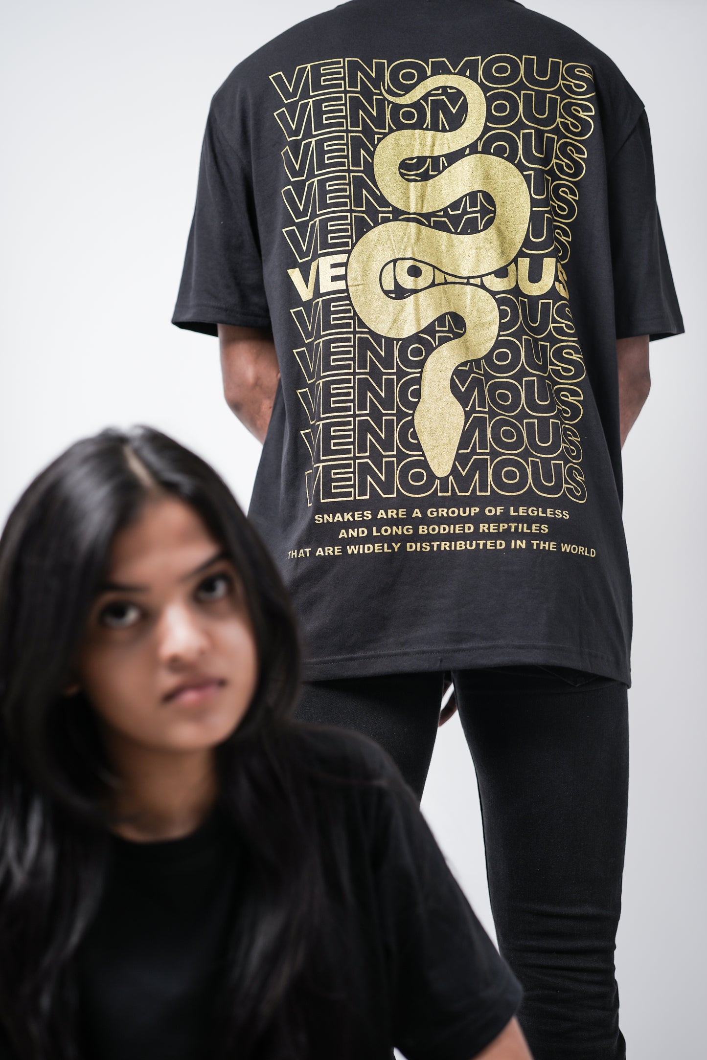 Gold Venomous Snakes Print Oversized Crew Neck T-Shirt